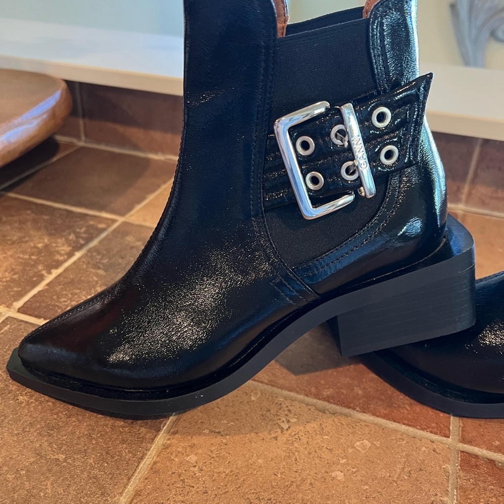 Ganni Black Ankle Boots with Silver Buckle